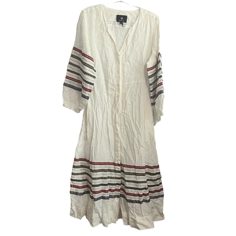 SEEMA KAHAI MAXI DRESS SIZE LARGE WHITE 100% LINEN LONG SLEEVE STRIPE DETAIL